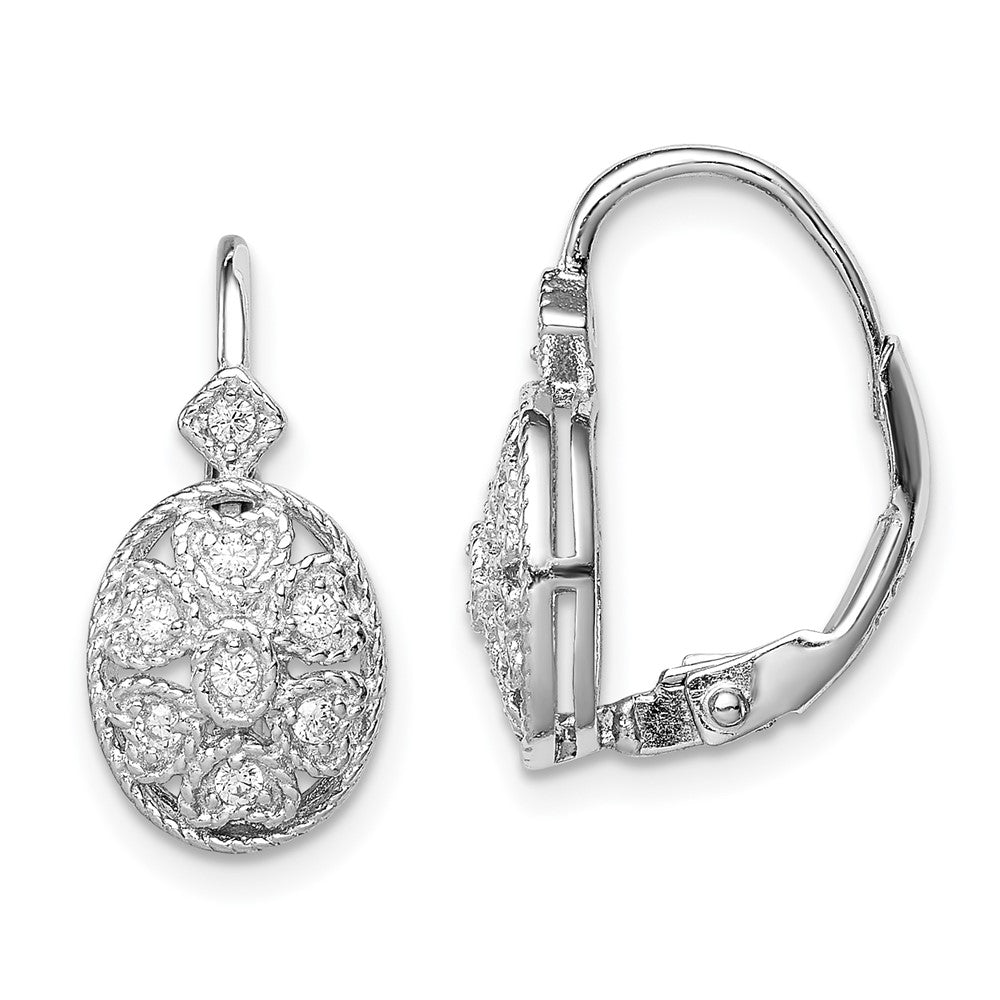 Rhodium-plated Sterling Silver Polished CZ Leverback Earrings