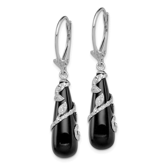 Rhodium-plated Sterling Silver Diamond-cut Onyx Teardrop Leverback Earrings