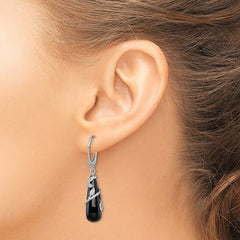 Rhodium-plated Sterling Silver Diamond-cut Onyx Teardrop Leverback Earrings