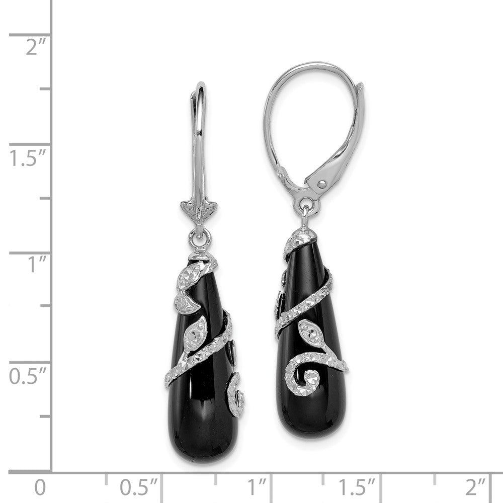 Rhodium-plated Sterling Silver Diamond-cut Onyx Teardrop Leverback Earrings