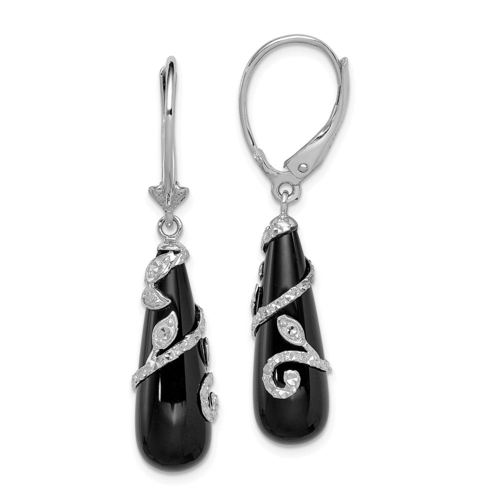 Rhodium-plated Sterling Silver Diamond-cut Onyx Teardrop Leverback Earrings