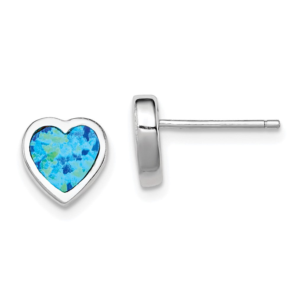 Rhodium-plated Sterling Silver Lab Created Opal Heart Post Earrings