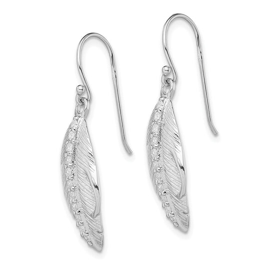 Rhodium-plated Silver CZ Textured Feather Shepherd Hook Earrings