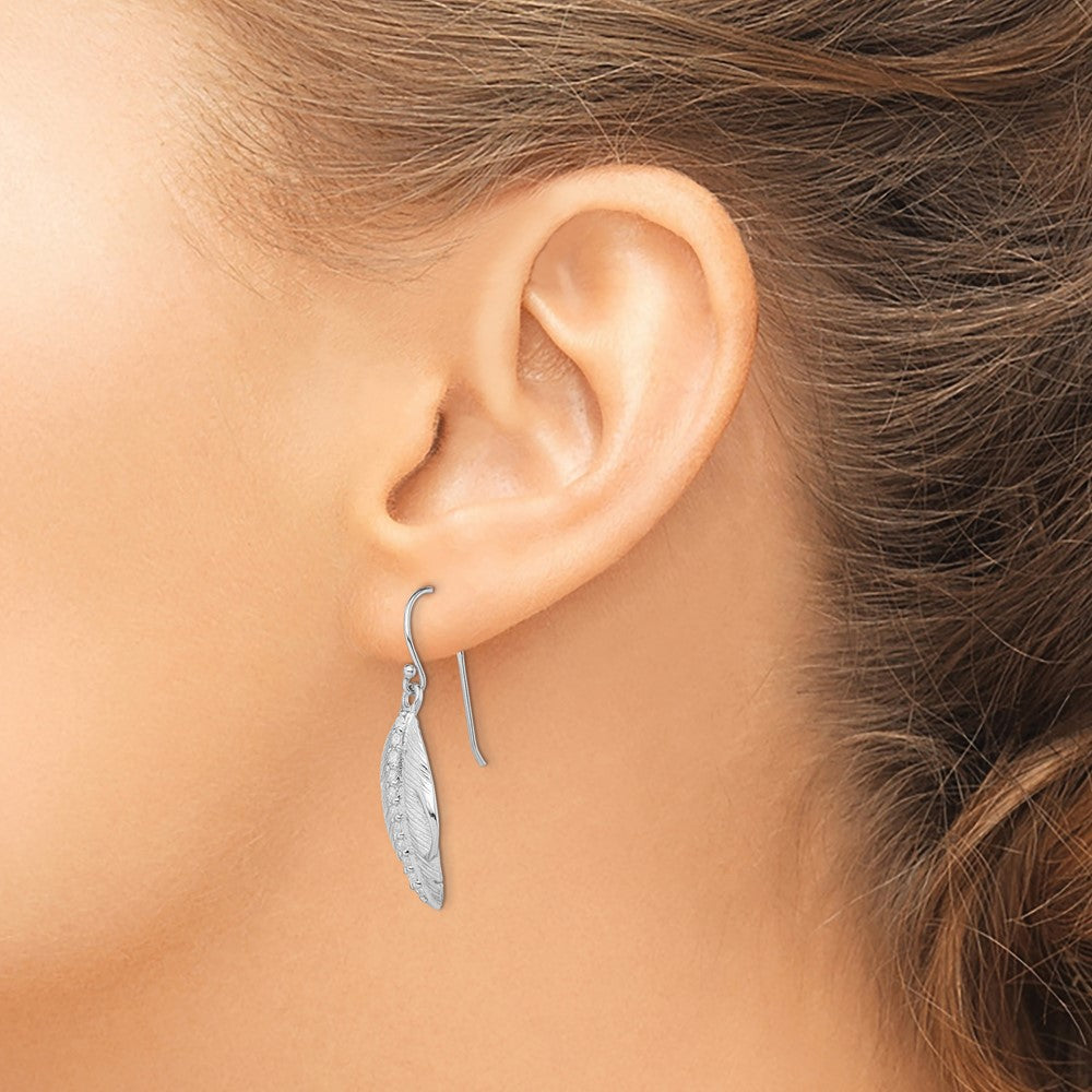 Rhodium-plated Silver CZ Textured Feather Shepherd Hook Earrings