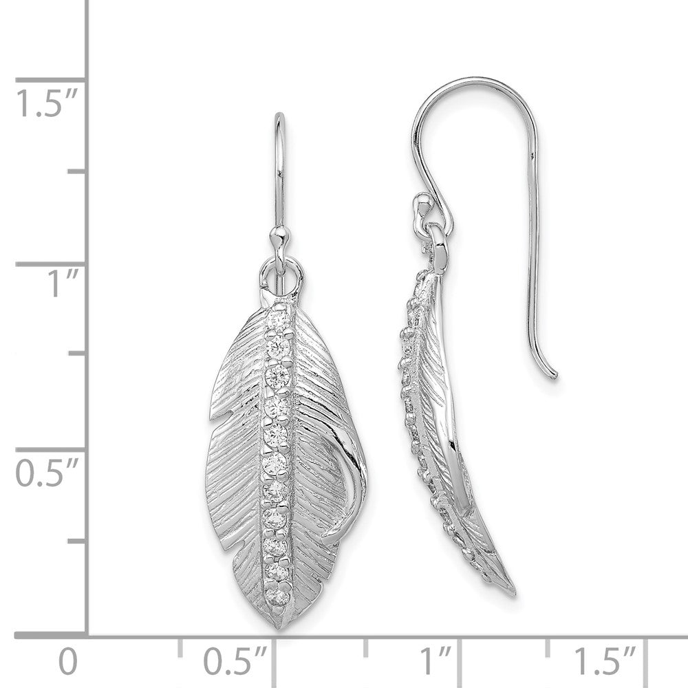 Rhodium-plated Silver CZ Textured Feather Shepherd Hook Earrings