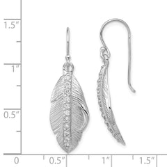 Rhodium-plated Silver CZ Textured Feather Shepherd Hook Earrings