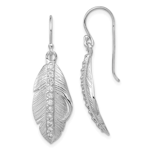 Rhodium-plated Silver CZ Textured Feather Shepherd Hook Earrings