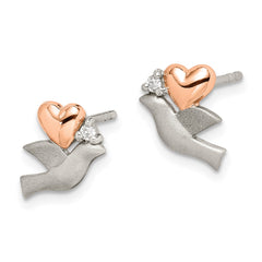 Sterling Silver CZ Rose Plated Heart Satin Dove Post Earrings