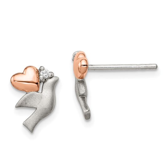 Sterling Silver CZ Rose Plated Heart Satin Dove Post Earrings