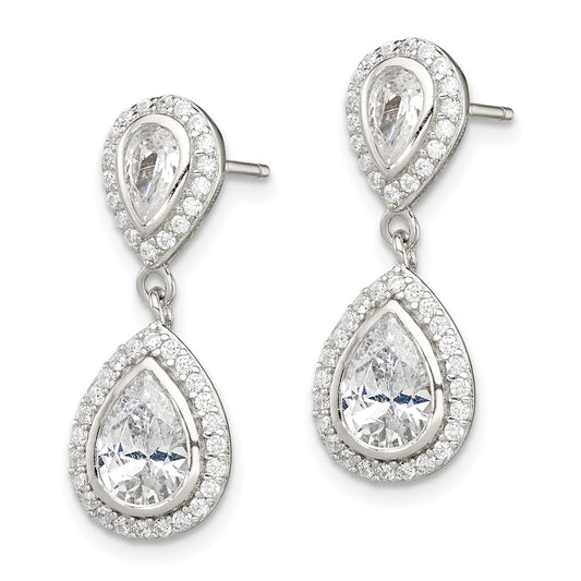 Sterling Silver CZ Pear with Halo Post Dangle Earrings