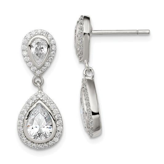 Sterling Silver CZ Pear with Halo Post Dangle Earrings