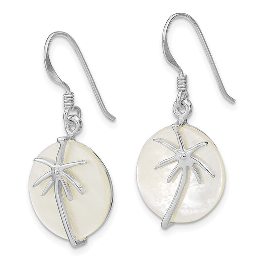 Rhodium-plated Sterling Silver MOP Palm Tree Round Earrings