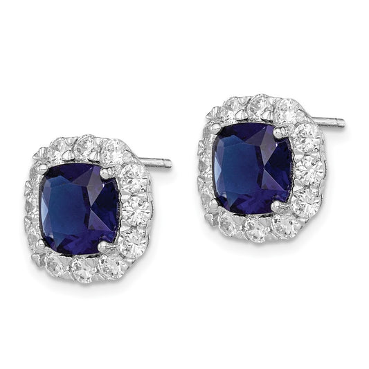 Rhodium-plated Sterling Silver Blue Glass and CZ Post Earrings