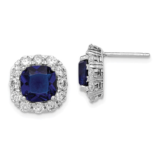 Rhodium-plated Sterling Silver Blue Glass and CZ Post Earrings