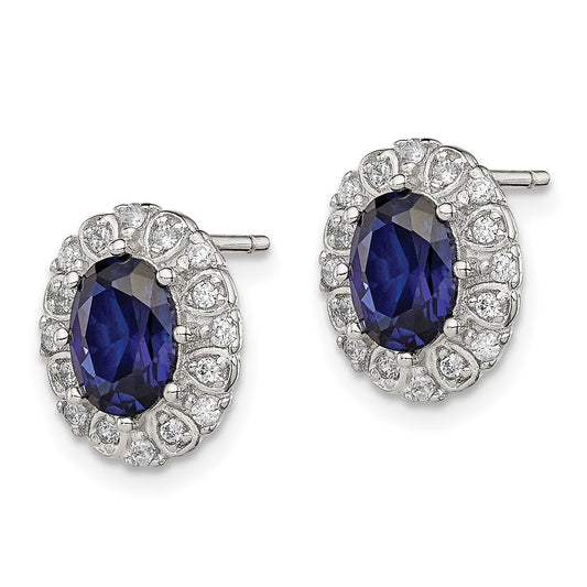 Rhodium-plated Silver CZ and Created Sapphire Oval Halo Post Earrings