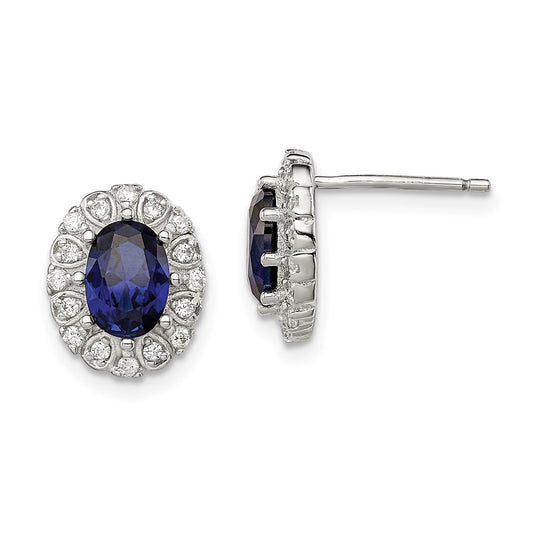 Rhodium-plated Silver CZ and Created Sapphire Oval Halo Post Earrings