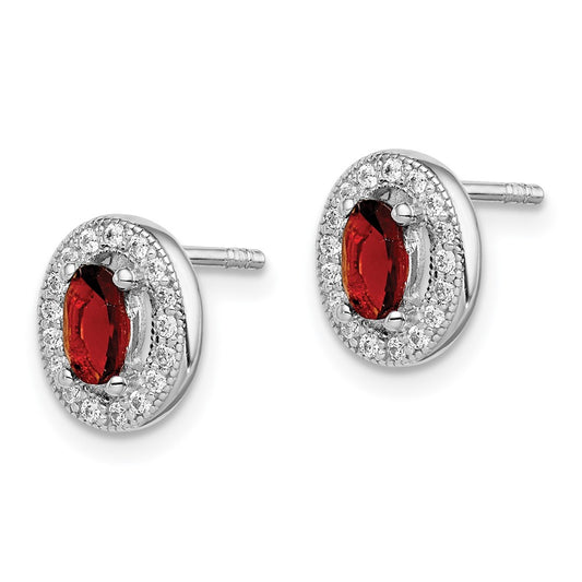 Rhodium-plated Sterling Silver Polished January Red and White CZ Oval Post Earrings