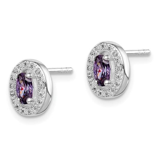 Rhodium-plated Sterling Silver Purple and White CZ Oval Post Earrings