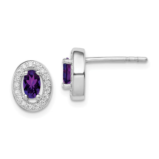 Rhodium-plated Sterling Silver Purple and White CZ Oval Post Earrings