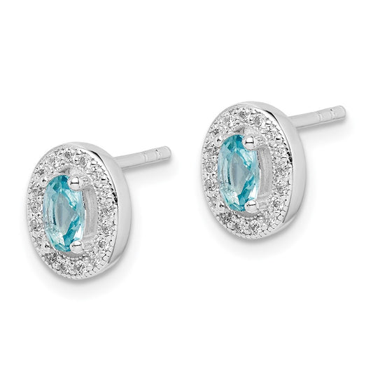 Rhodium-plated Sterling Silver Light Blue and White CZ Oval Post Earrings