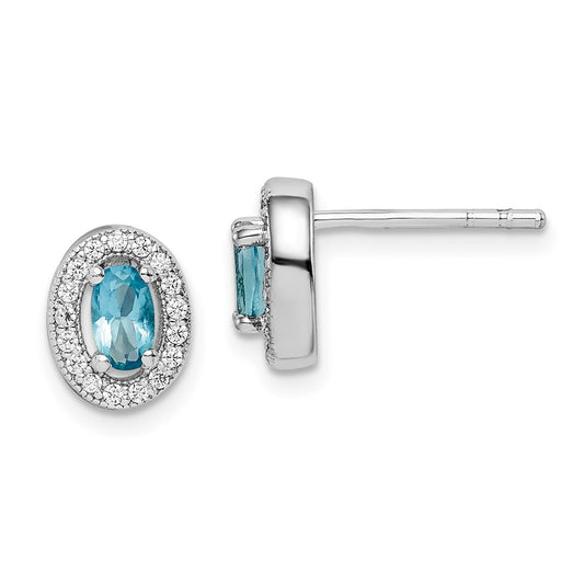 Rhodium-plated Sterling Silver Light Blue and White CZ Oval Post Earrings