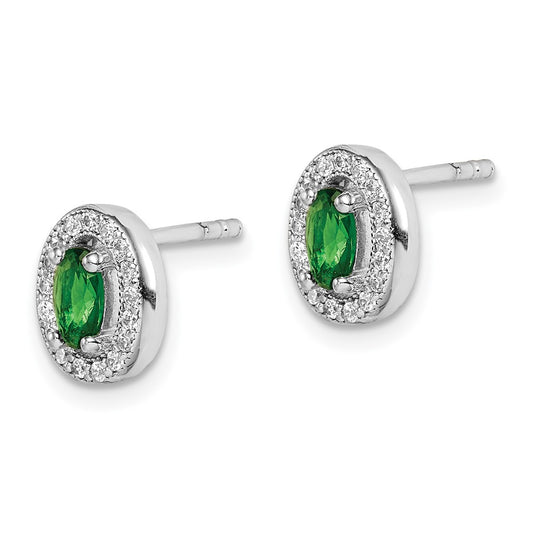 Rhodium-plated Sterling Silver Green and White CZ Oval Post Earrings