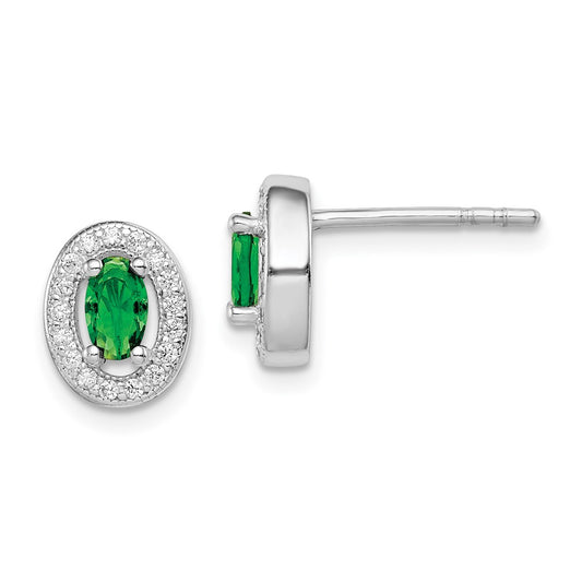 Rhodium-plated Sterling Silver Green and White CZ Oval Post Earrings