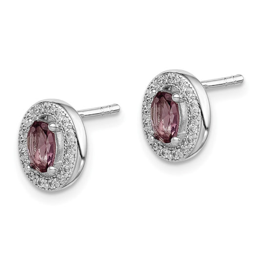 Rhodium-plated Sterling Silver June Purple and White CZ Oval Post Earrings