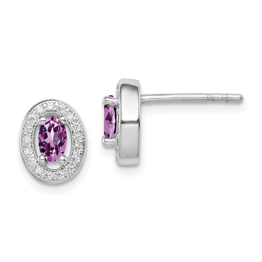 Rhodium-plated Sterling Silver June Purple and White CZ Oval Post Earrings