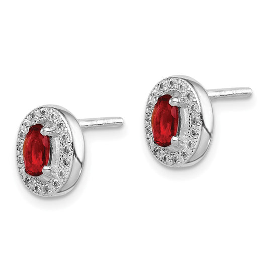 Rhodium-plated Sterling Silver Red and White CZ Oval Post Earrings