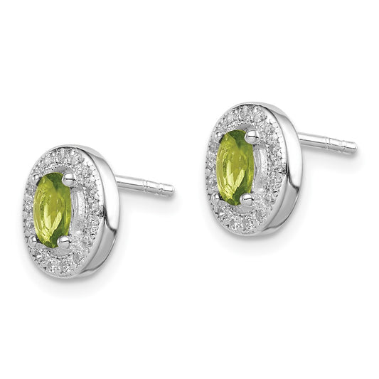 Rhodium-plated Sterling Silver Light Green and White CZ Oval Post Earrings