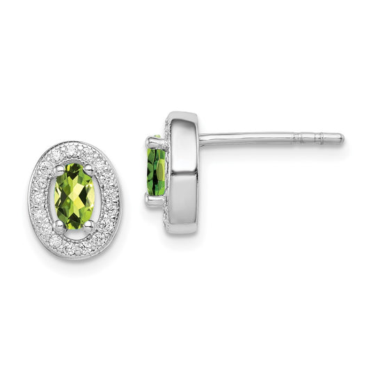 Rhodium-plated Sterling Silver Light Green and White CZ Oval Post Earrings