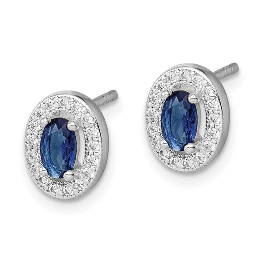 Rhodium-plated Sterling Silver Blue and White CZ Oval Post Earrings