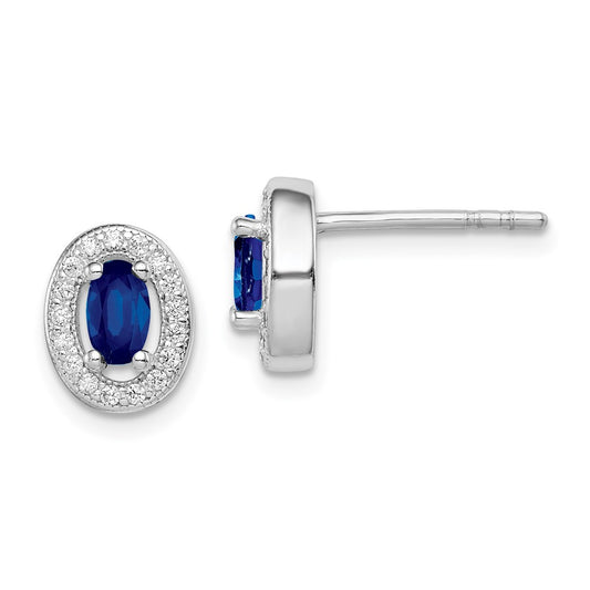 Rhodium-plated Sterling Silver Blue and White CZ Oval Post Earrings