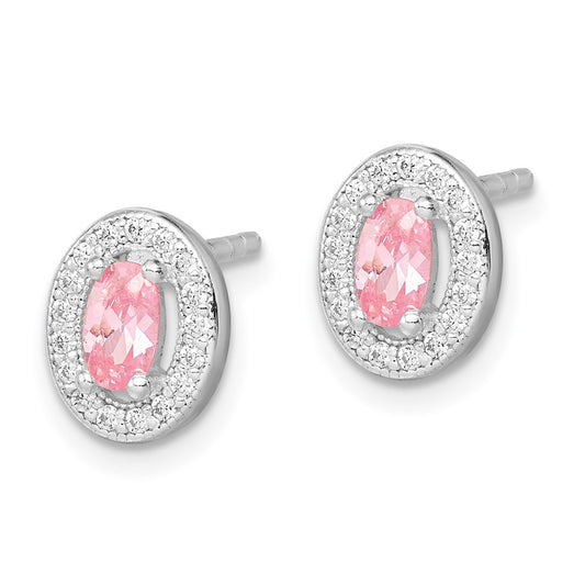 Rhodium-plated Sterling Silver Pink and White CZ Oval Post Earrings