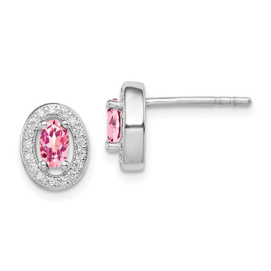 Rhodium-plated Sterling Silver Pink and White CZ Oval Post Earrings