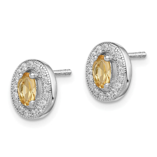 Rhodium-plated Sterling Silver Yellow and White CZ Oval Post Earrings