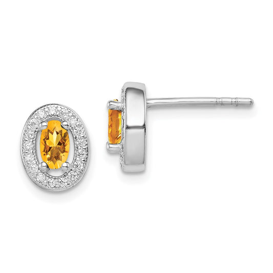 Rhodium-plated Sterling Silver Yellow and White CZ Oval Post Earrings