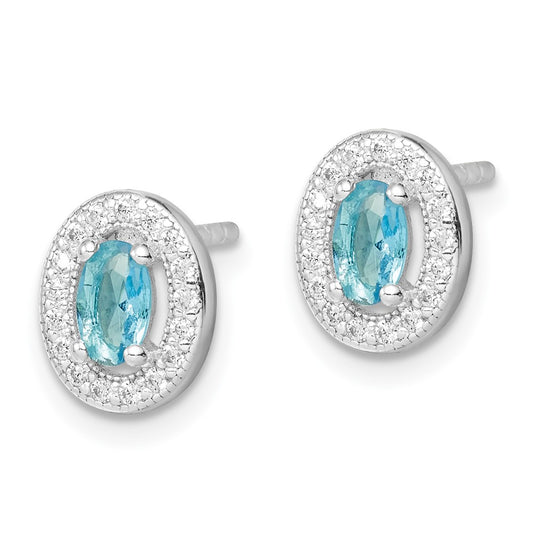 Rhodium-plated Sterling Silver Blue and White CZ Oval Post Earrings