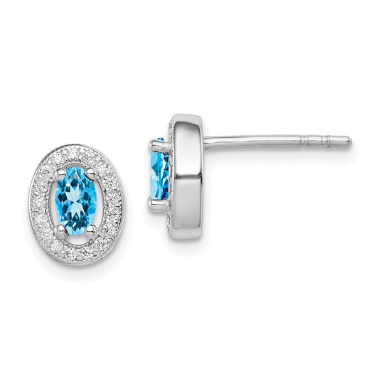 Rhodium-plated Sterling Silver Blue and White CZ Oval Post Earrings