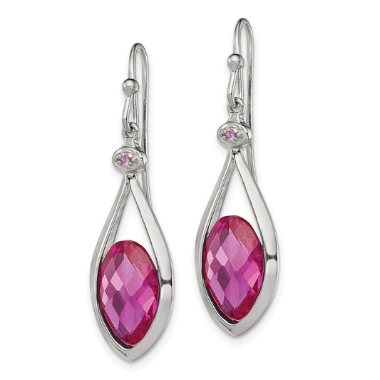 Rhodium-plated Silver Polished Synthetic Pink Bead Shepherd Hook Earrings