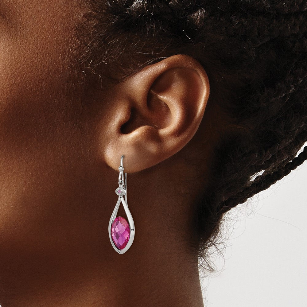 Rhodium-plated Silver Polished Synthetic Pink Bead Shepherd Hook Earrings