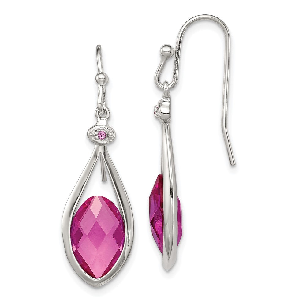 Rhodium-plated Silver Polished Synthetic Pink Bead Shepherd Hook Earrings