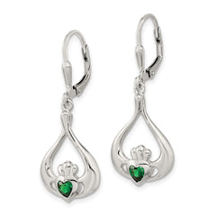 Sterling Silver Green CZ Heart Leverback Claddagh Dangle Earrings