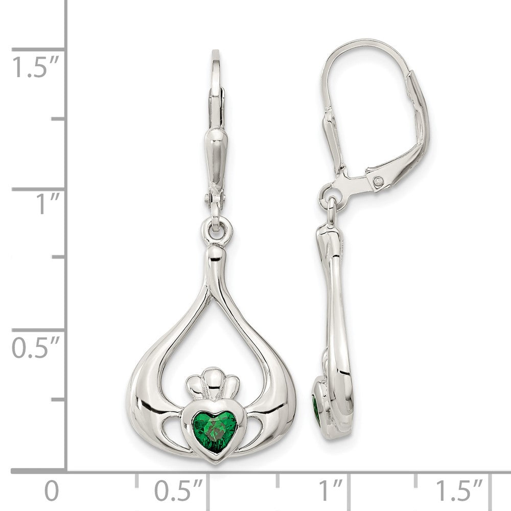 Sterling Silver Green CZ Heart Leverback Claddagh Dangle Earrings