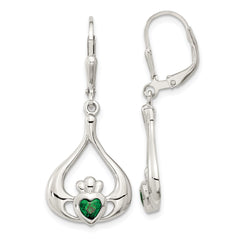Sterling Silver Green CZ Heart Leverback Claddagh Dangle Earrings