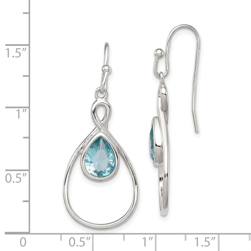 Rhodium-plated Silver Shepherd Hook Polished Aquamarine Glass Earrings