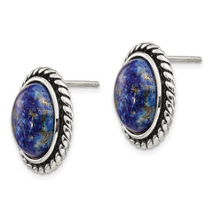 Sterling Silver Polished Antiqued Lapis Cabochon Post Earrings