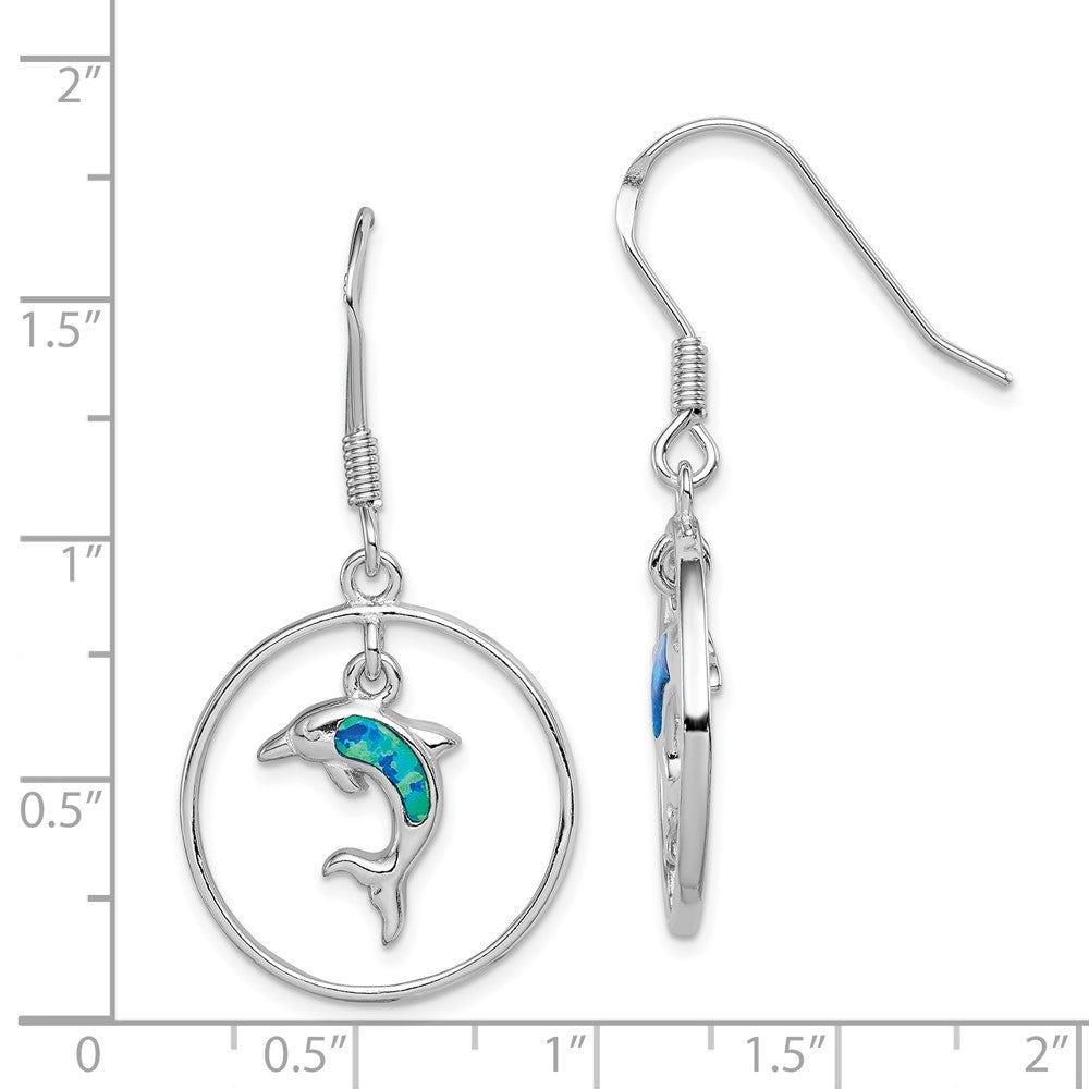 Rhodium-plated Sterling Silver Created Blue Opal Dolphin Dangle Earrings