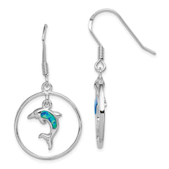 Rhodium-plated Sterling Silver Created Blue Opal Dolphin Dangle Earrings